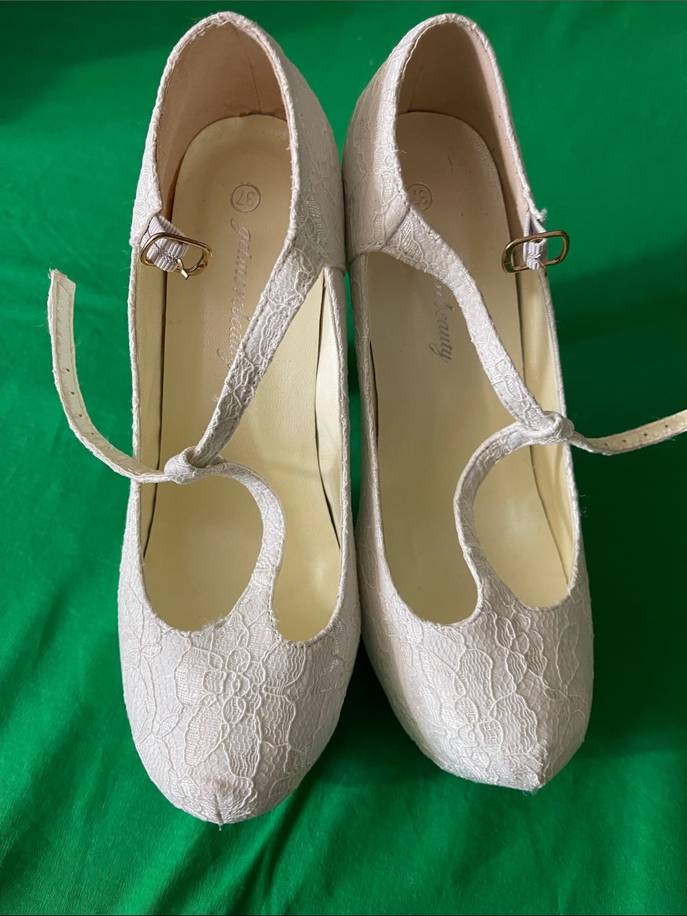 Lace T-Strap Heels in Ivory - Women's Bridal Pumps